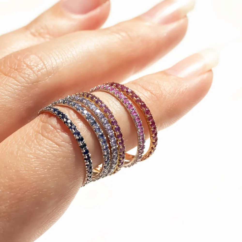 14K WHITE GOLD NATURAL PINK SAPPHIRE ETERNITY RING STACKING WEDDING BAND PAVE WG