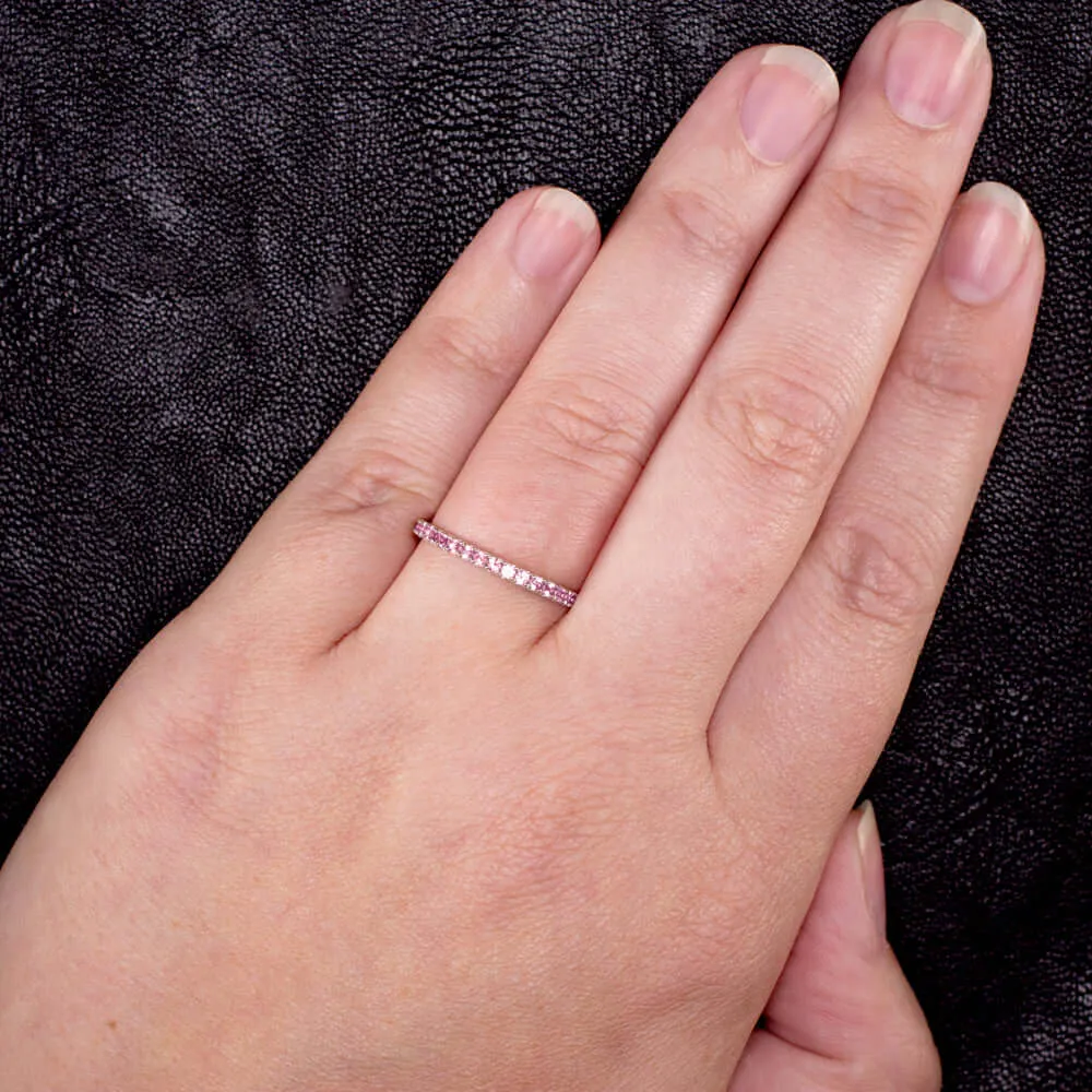 14K WHITE GOLD NATURAL PINK SAPPHIRE ETERNITY RING STACKING WEDDING BAND PAVE WG