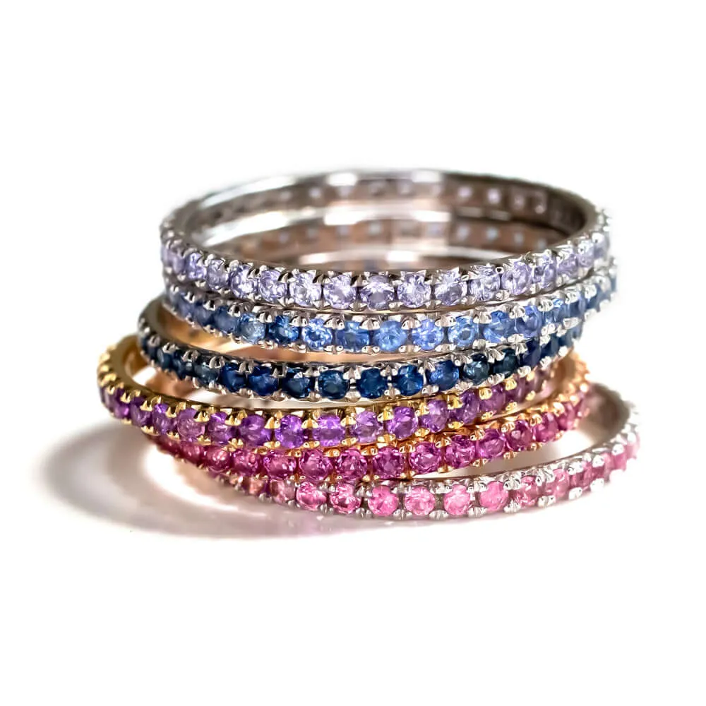 14K WHITE GOLD NATURAL PINK SAPPHIRE ETERNITY RING STACKING WEDDING BAND PAVE WG