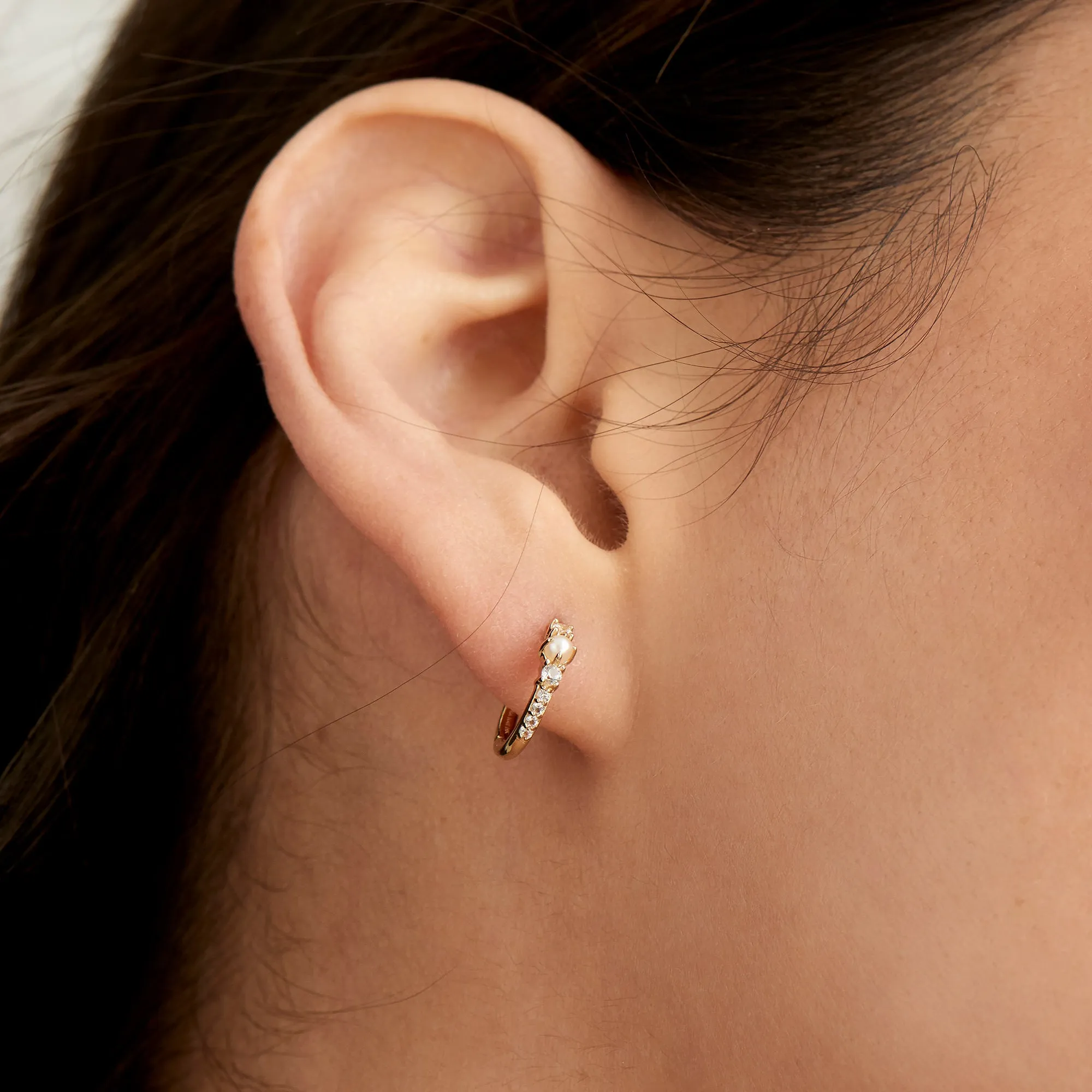 14kt Gold Pearl and White Sapphire Huggie Hoop Earrings