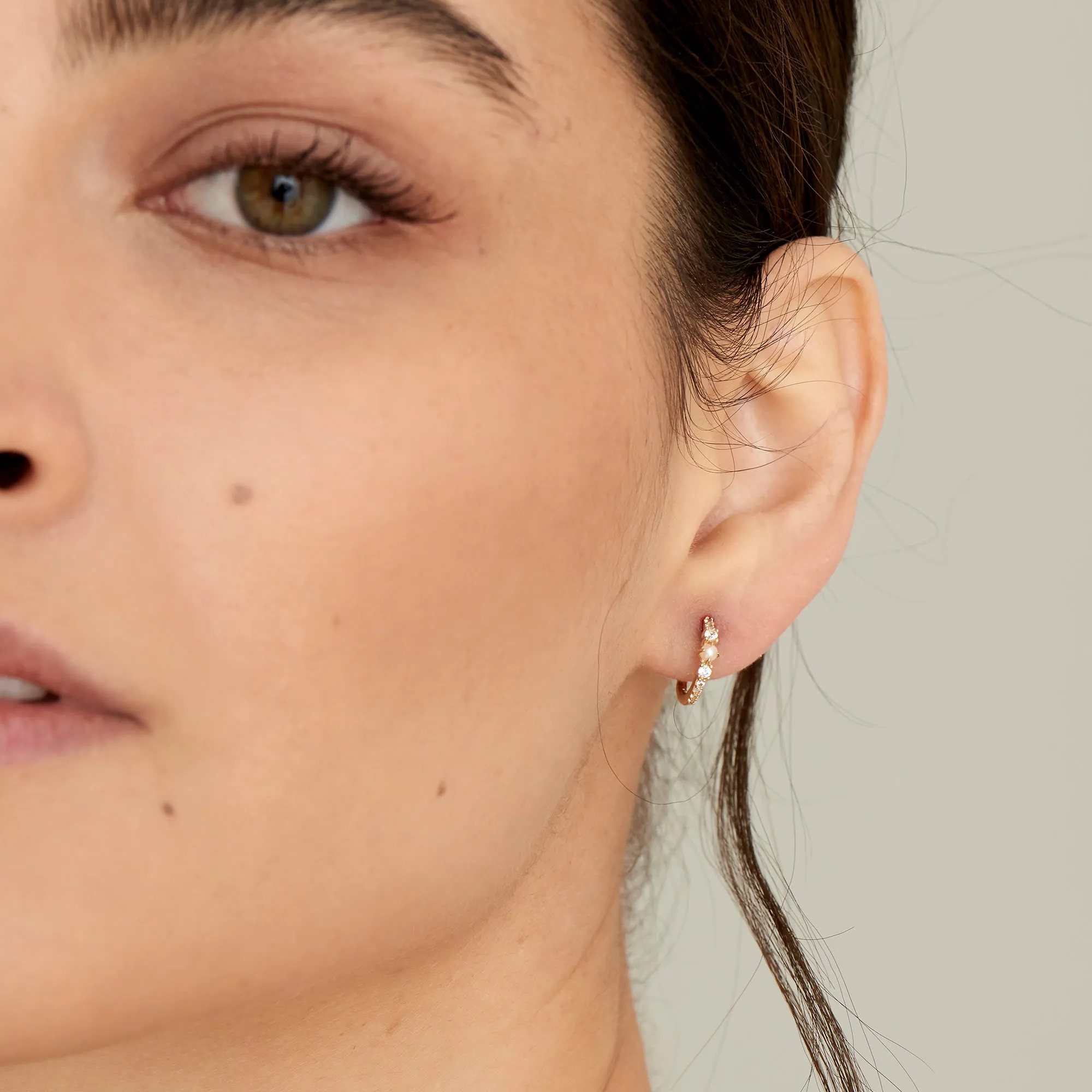 14kt Gold Pearl and White Sapphire Huggie Hoop Earrings