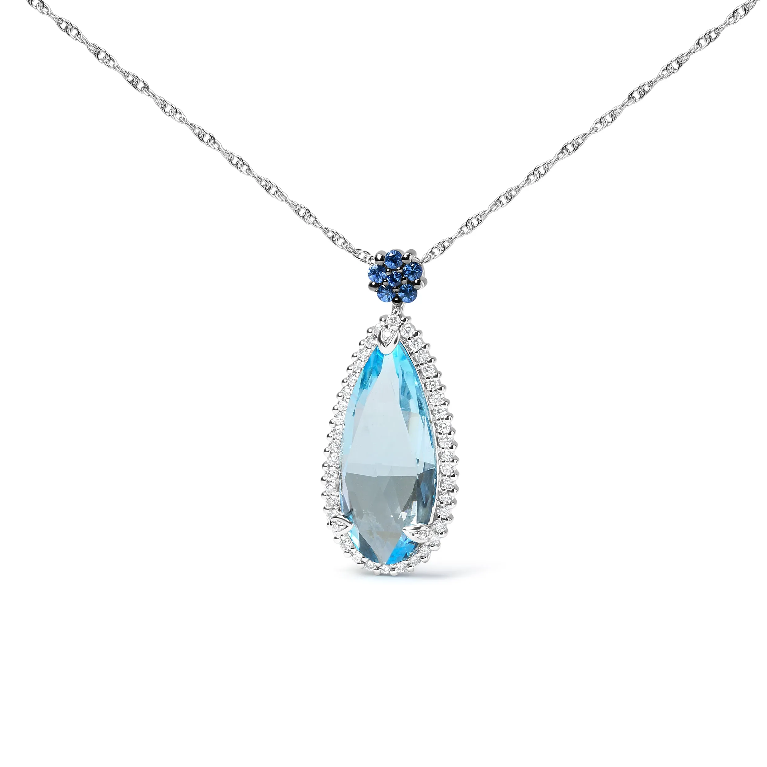 18K White Gold 3/8 Cttw Pave Set Diamond and Sky Blue Topaz and Blue Sapphire Gemstone Floral Teardrop Halo 18" Pendant Necklace