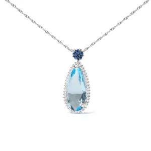18K White Gold 3/8 Cttw Pave Set Diamond and Sky Blue Topaz and Blue Sapphire Gemstone Floral Teardrop Halo 18" Pendant Necklace