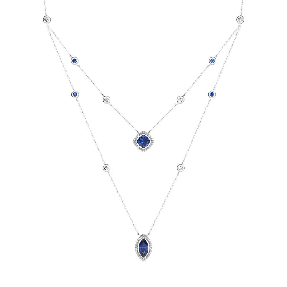 2.6 CT. Cushion & Marquise Cut Sapphire Halo Layered Necklace