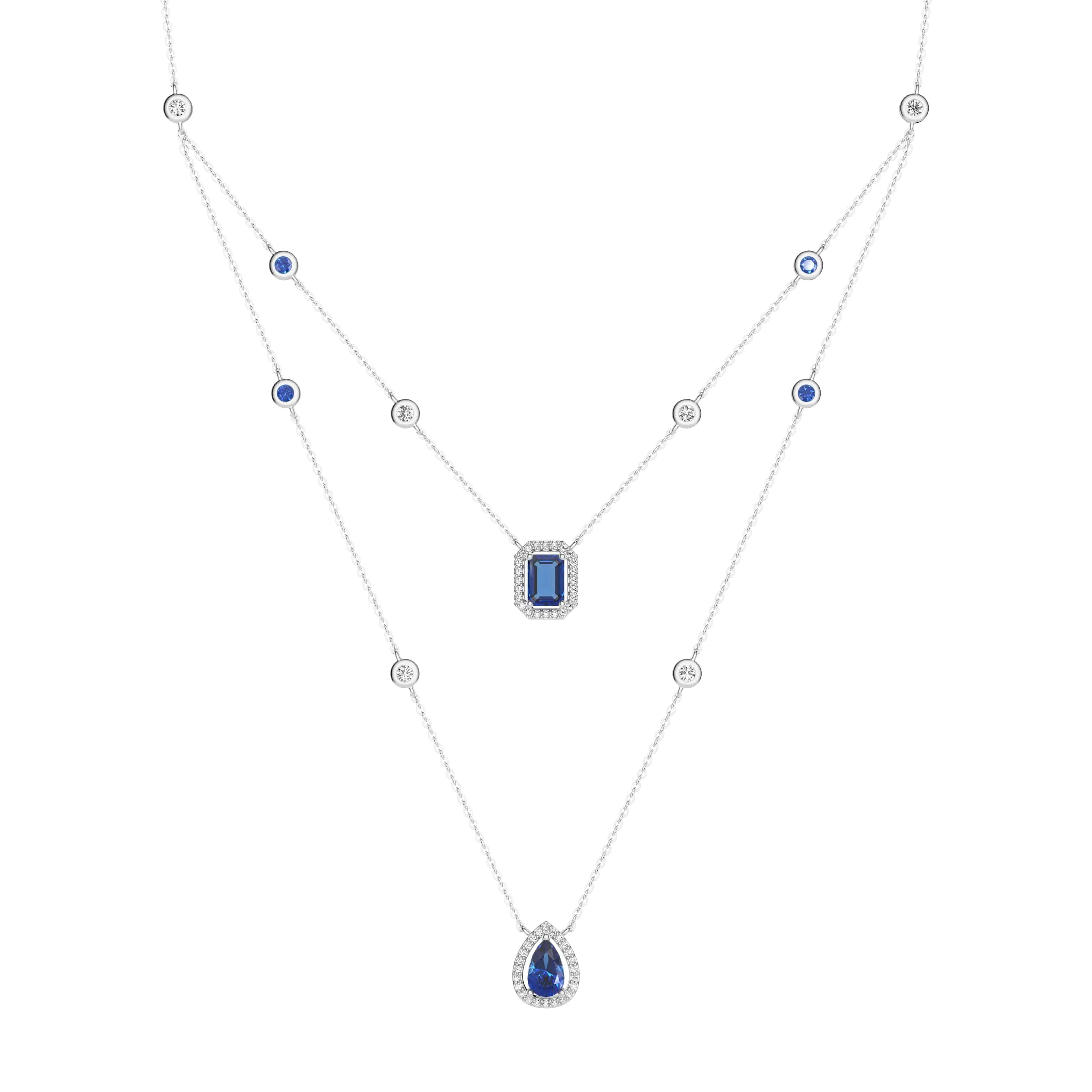 2.98 CT. Pear & Emerald-Cut Sapphire Halo Layered Necklace