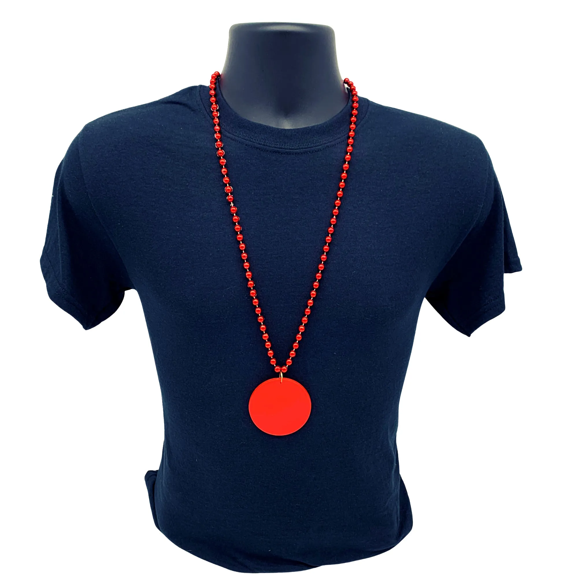 33" 7mm Metallic Red Bead Necklace with 2.5" Red Disc (Each)