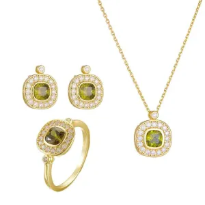925 Sterling Silver Earring, Ring, and Necklace Charm Jewelry Set - Olive Green Zircon - CCF0025