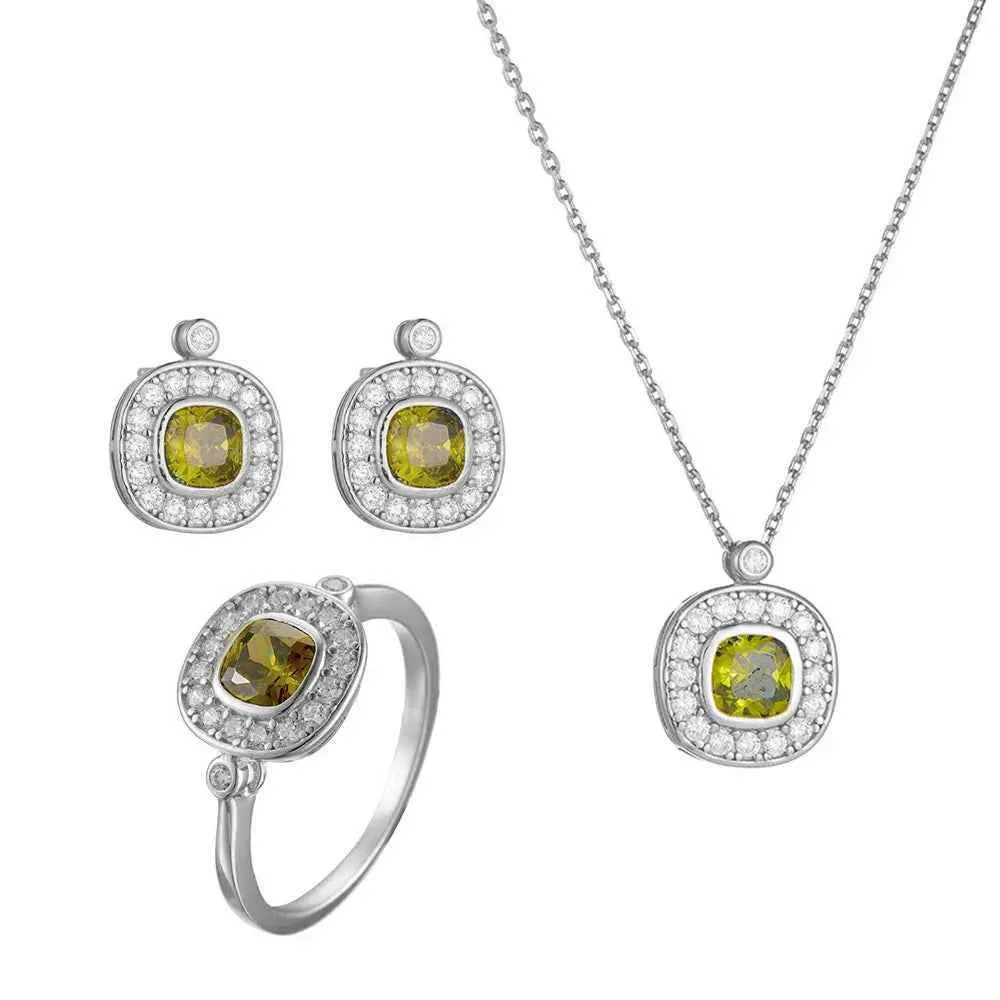 925 Sterling Silver Earring, Ring, and Necklace Charm Jewelry Set - Olive Green Zircon - CCF0025