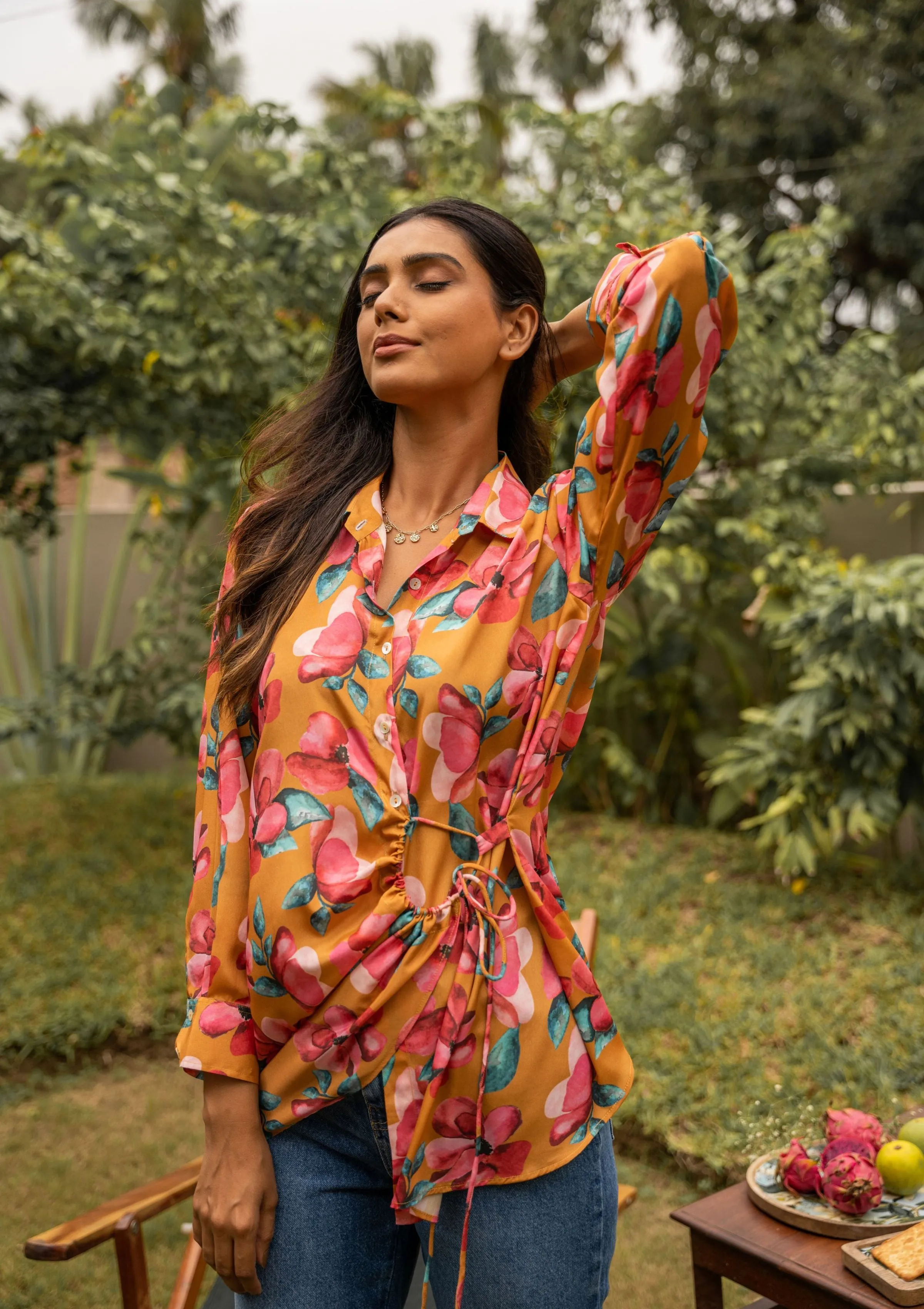 Amalia Floral Mustard Drawstring Crepe Shirt