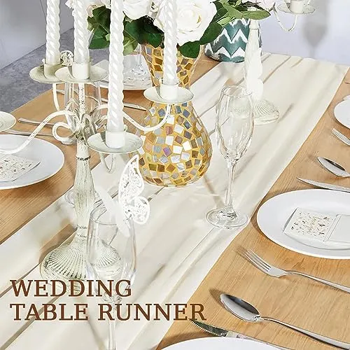 BESBESME Beige Chiffon Table Runner,Large White Table Runner 10ft Romantic Sheer Table Runner for Wedding Party Bridal Shower Outdoor Decor 28x120 Inch Cream