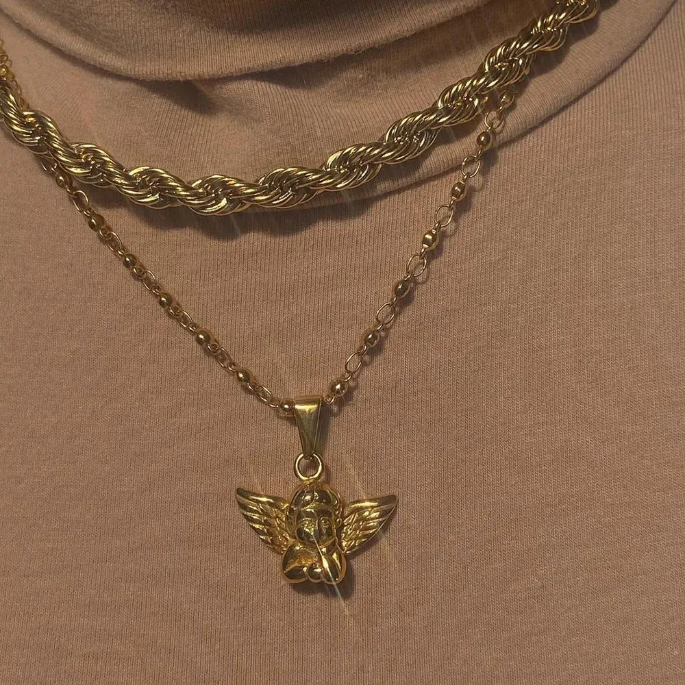 Bohemia Multilayer Cherub Pendant Chain Necklace For Women