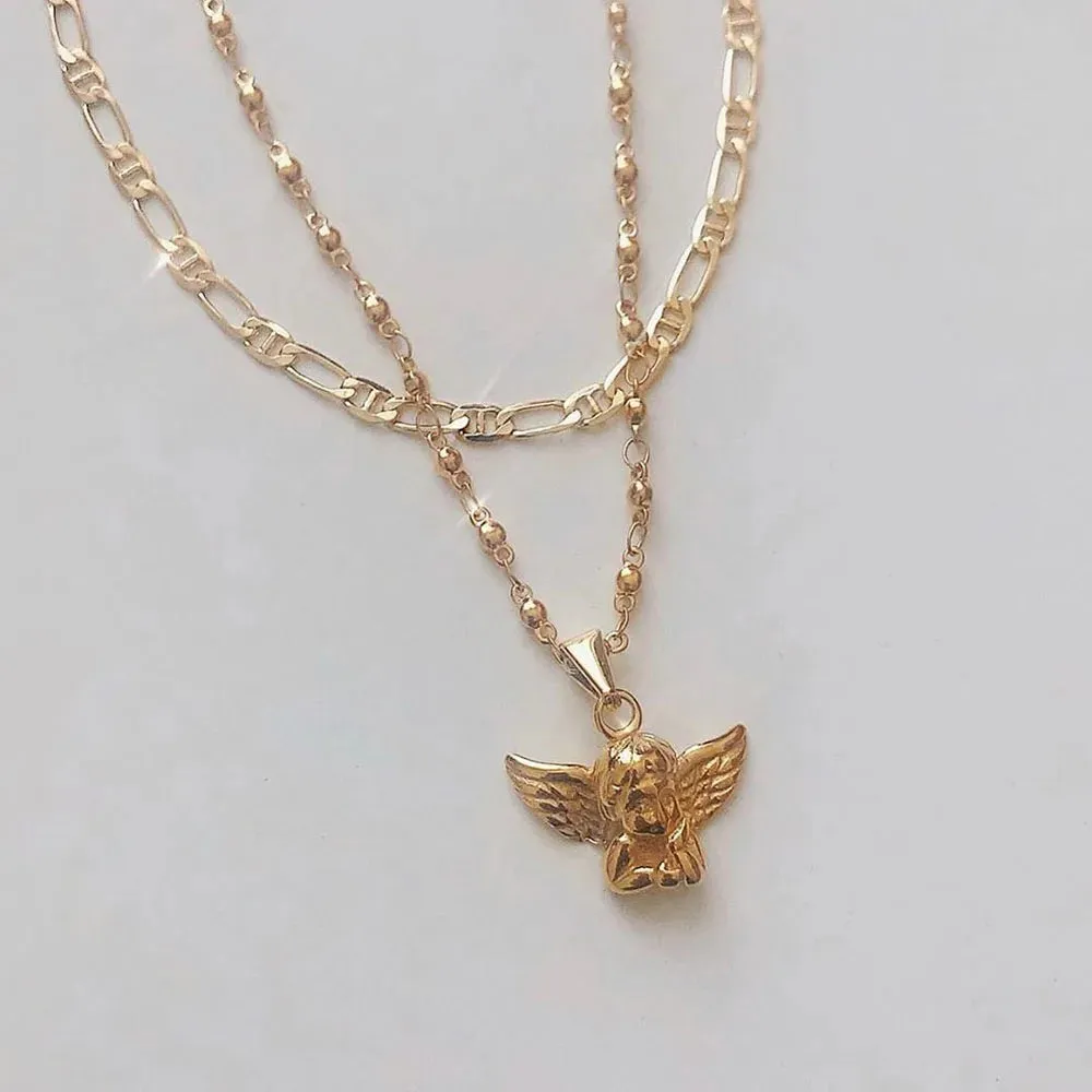 Bohemia Multilayer Cherub Pendant Chain Necklace For Women