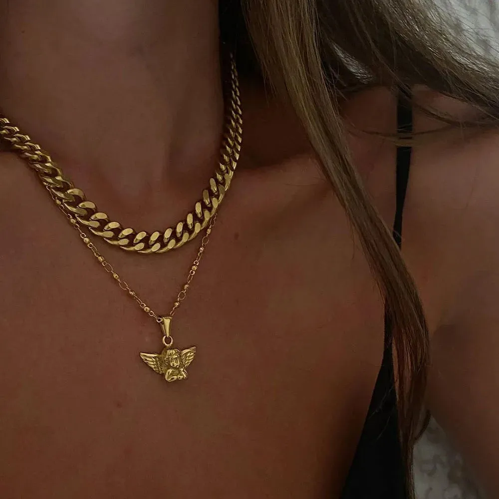Bohemia Multilayer Cherub Pendant Chain Necklace For Women