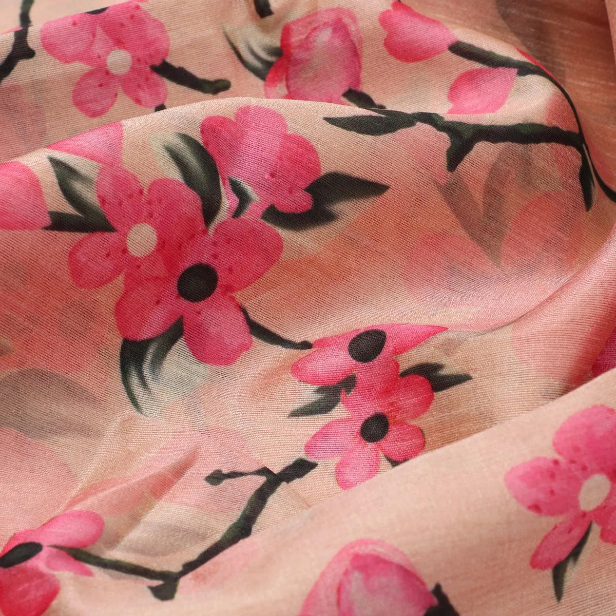 Cherry Red Flower With Branch Digital Printed Fabric  - Tusser Silk