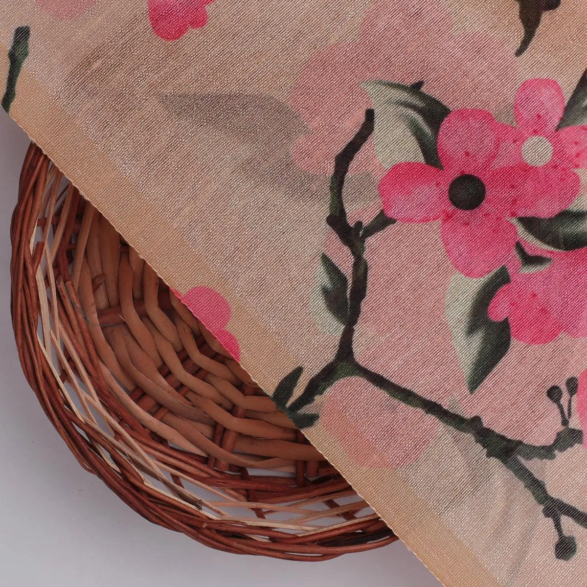 Cherry Red Flower With Branch Digital Printed Fabric  - Tusser Silk