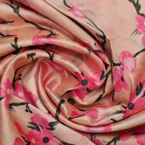 Cherry Red Flower With Branch Digital Printed Fabric  - Tusser Silk