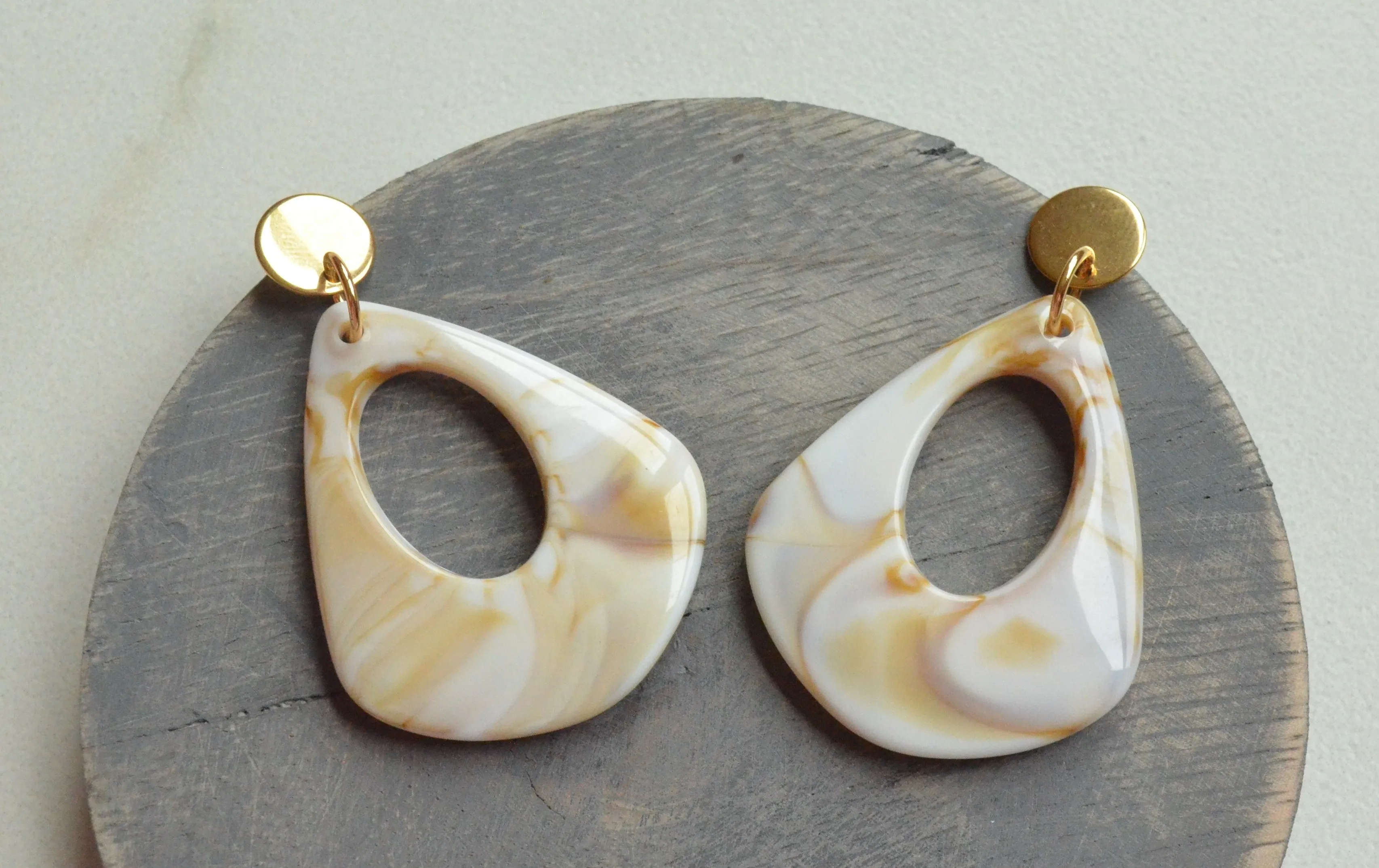Cream White Brown Statement Acrylic Big Lucite Large Statement Earrings - Veronique
