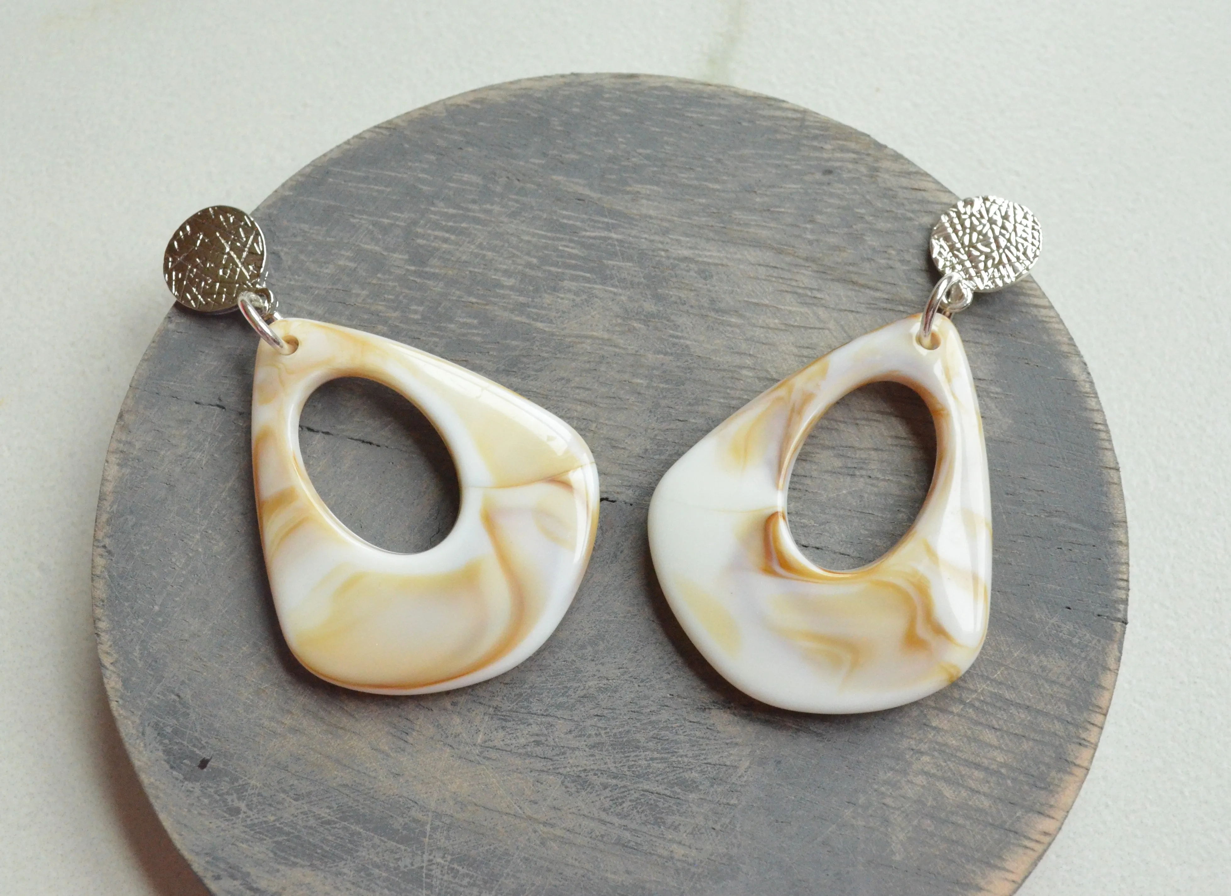 Cream White Brown Statement Acrylic Big Lucite Large Statement Earrings - Veronique