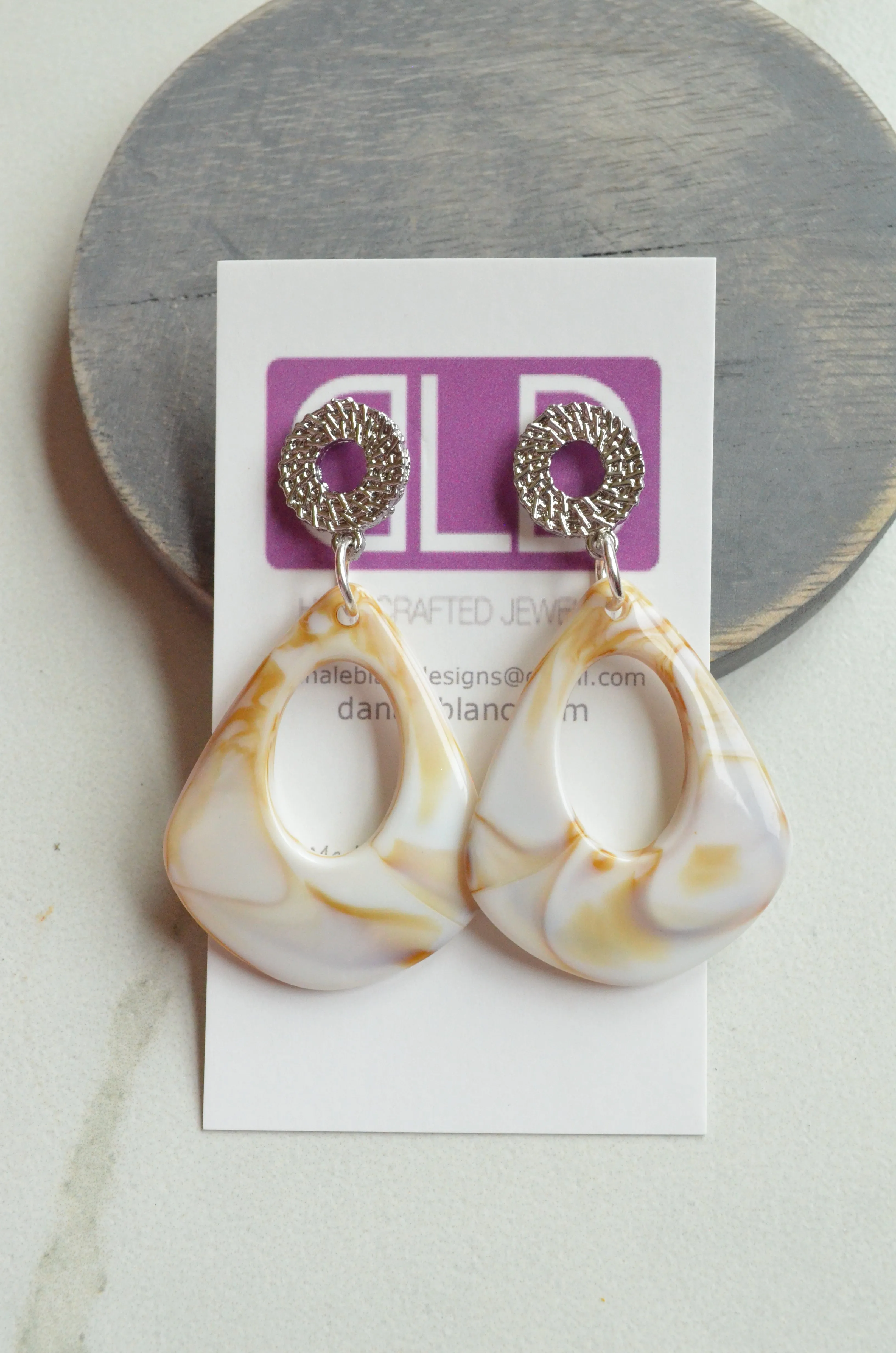 Cream White Brown Statement Acrylic Big Lucite Large Statement Earrings - Veronique