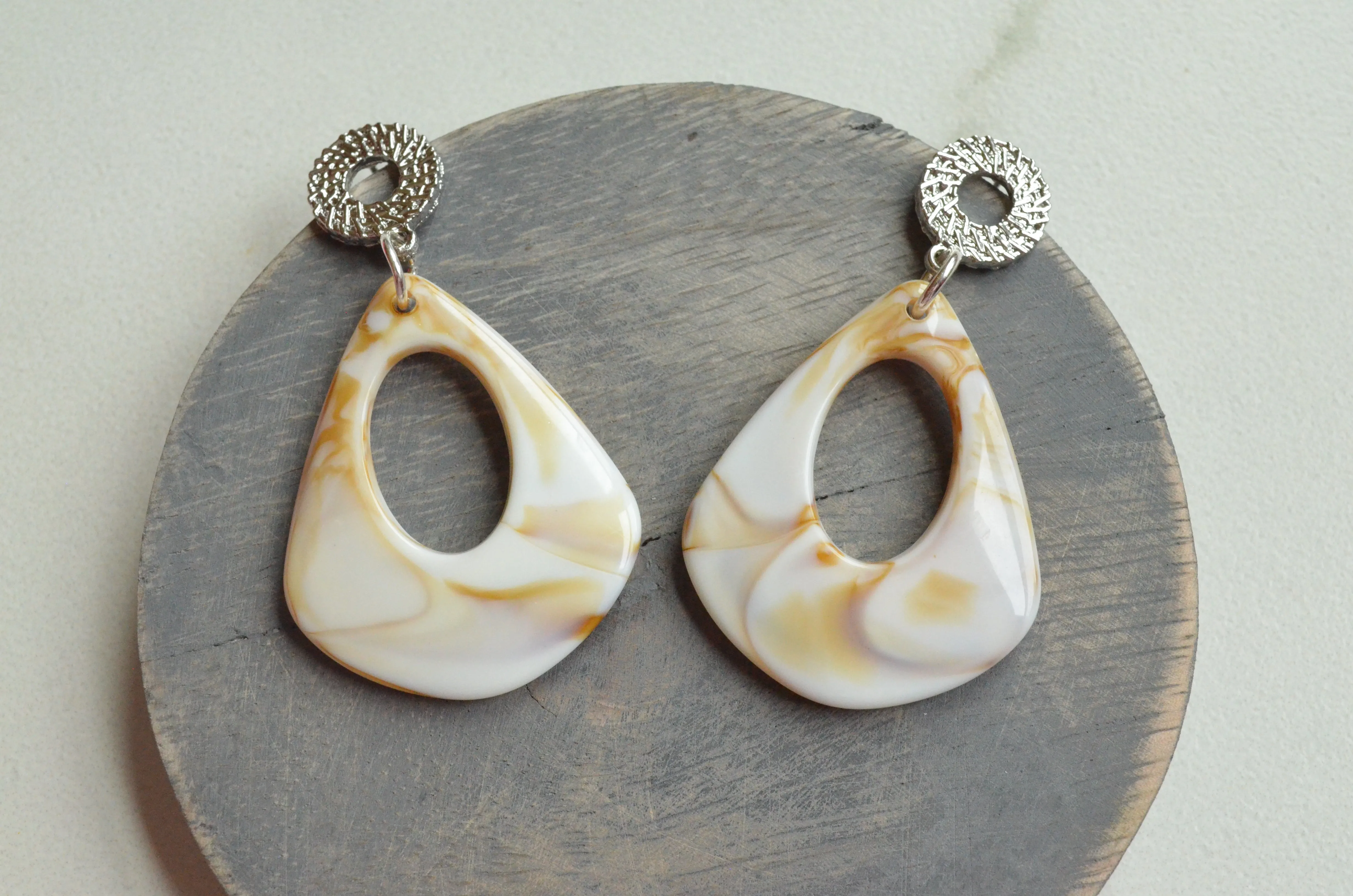 Cream White Brown Statement Acrylic Big Lucite Large Statement Earrings - Veronique