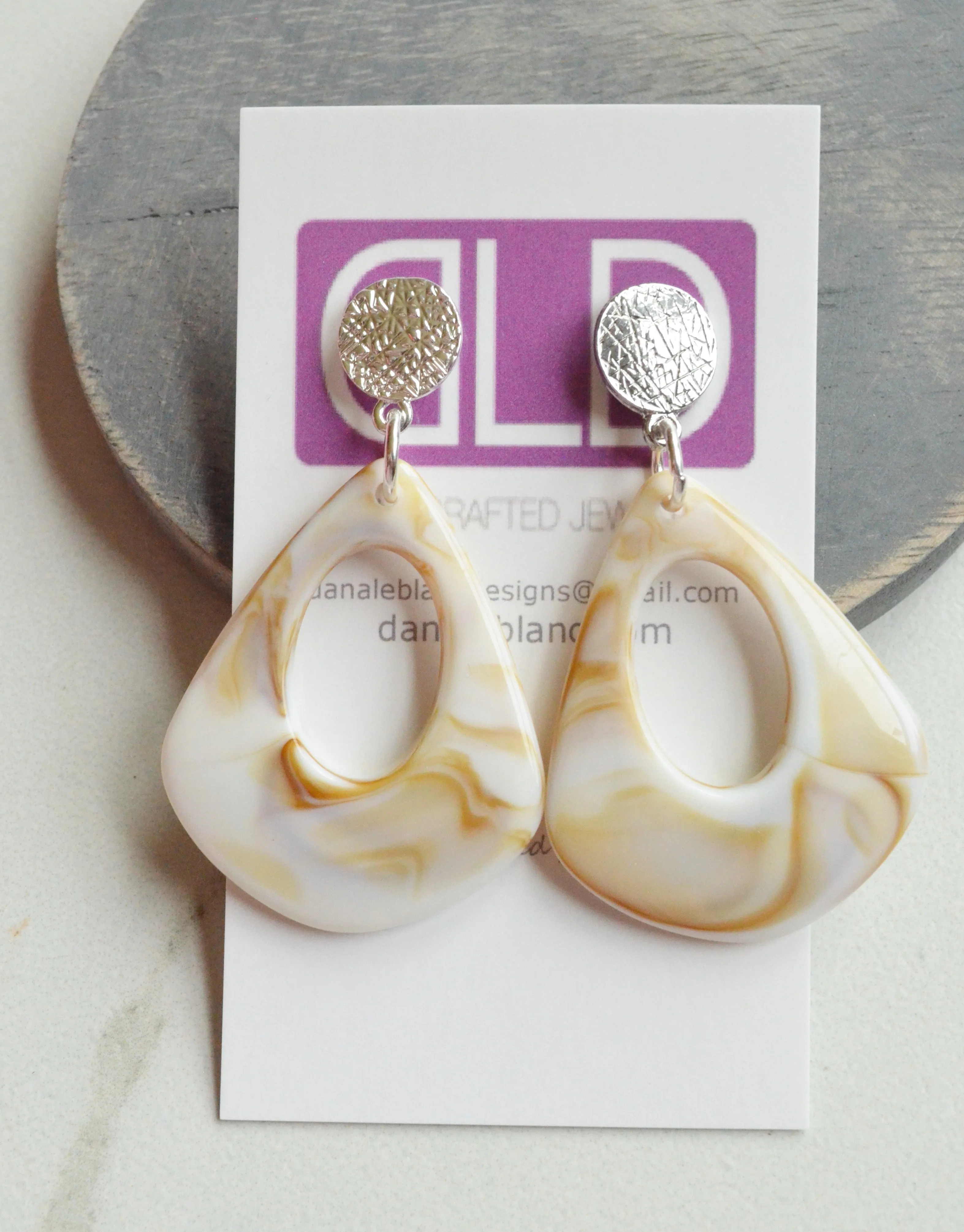 Cream White Brown Statement Acrylic Big Lucite Large Statement Earrings - Veronique