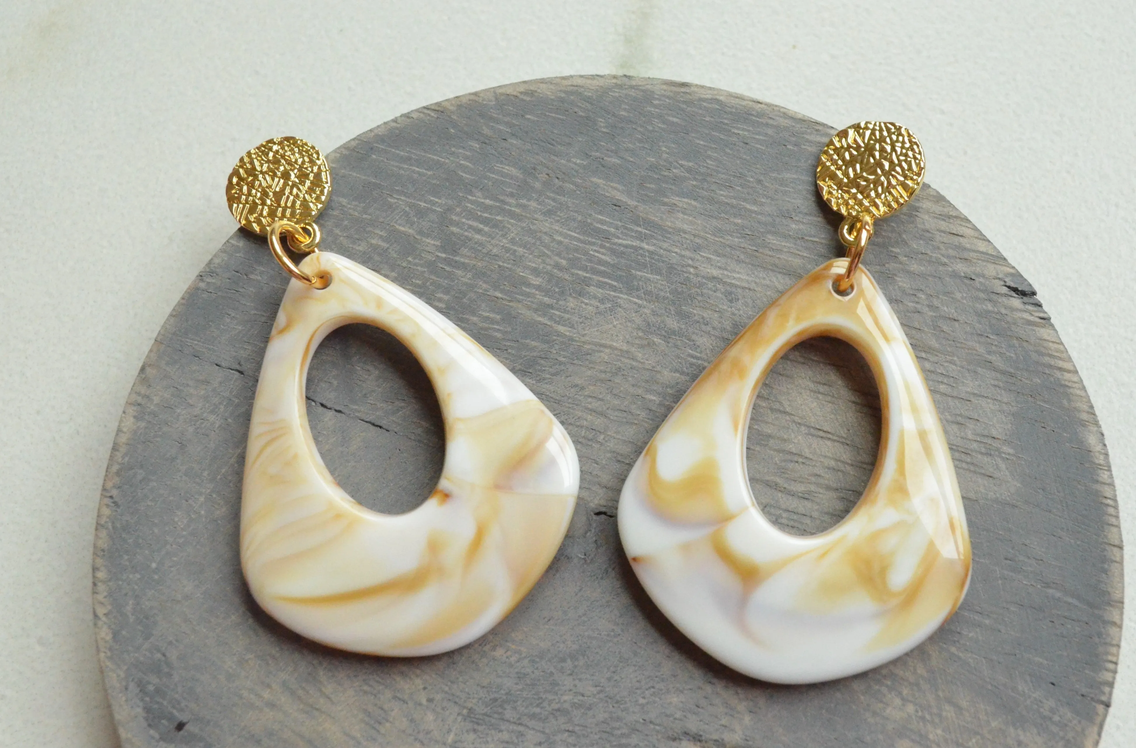 Cream White Brown Statement Acrylic Big Lucite Large Statement Earrings - Veronique