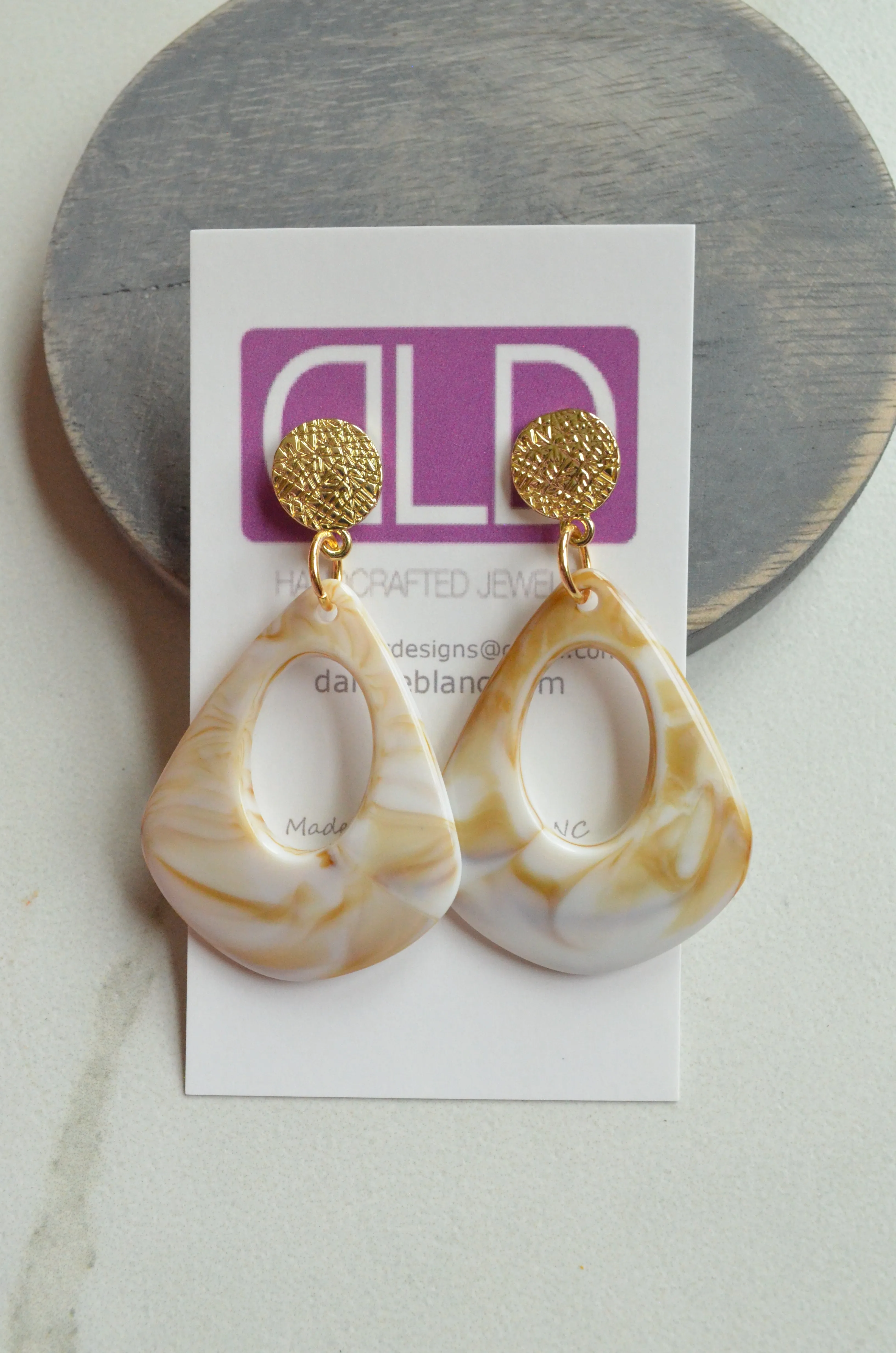 Cream White Brown Statement Acrylic Big Lucite Large Statement Earrings - Veronique