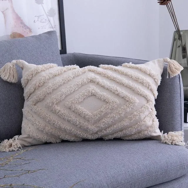Elegant Beige Linen Cotton Pillow Cover with Zipper and Embroidery