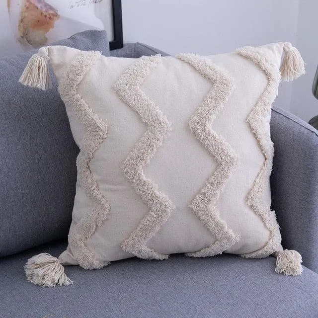 Elegant Beige Linen Cotton Pillow Cover with Zipper and Embroidery