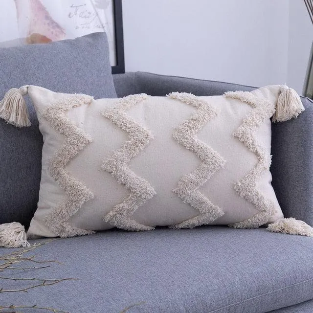 Elegant Beige Linen Cotton Pillow Cover with Zipper and Embroidery