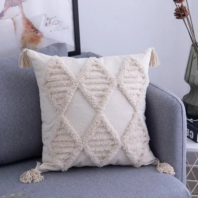 Elegant Beige Linen Cotton Pillow Cover with Zipper and Embroidery