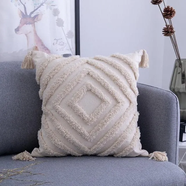 Elegant Beige Linen Cotton Pillow Cover with Zipper and Embroidery