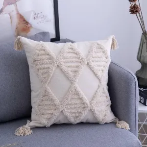 Elegant Beige Linen Cotton Pillow Cover with Zipper and Embroidery