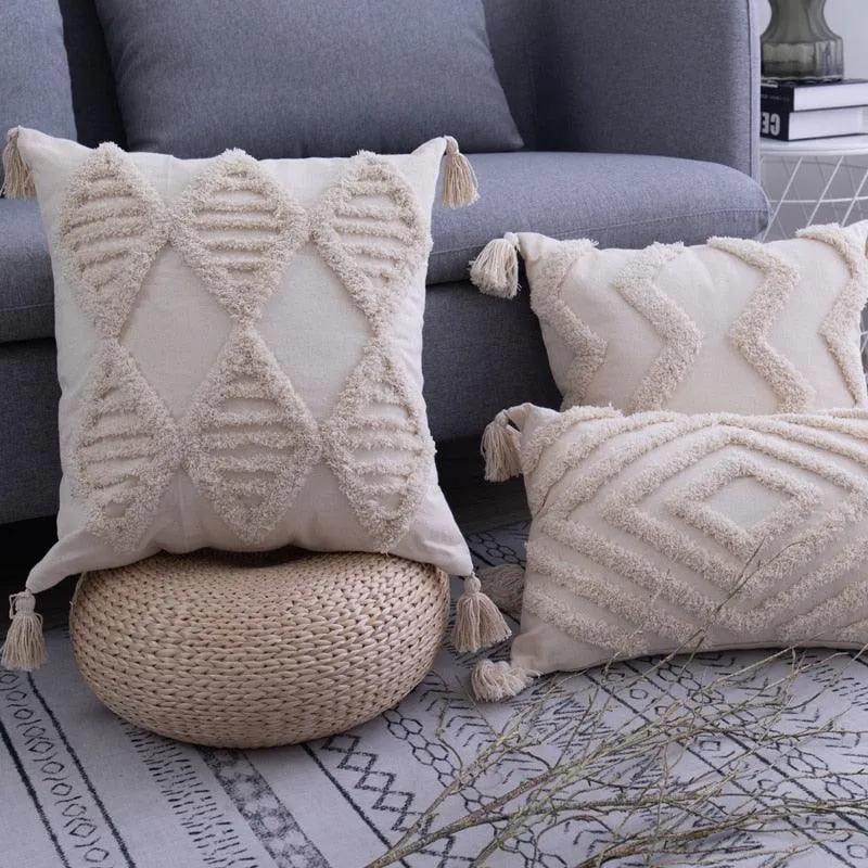 Elegant Beige Linen Cotton Pillow Cover with Zipper and Embroidery