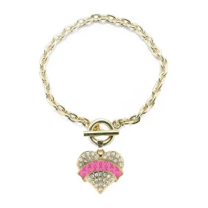 Gold Pink Ribbon Support Pave Heart Charm Toggle Bracelet