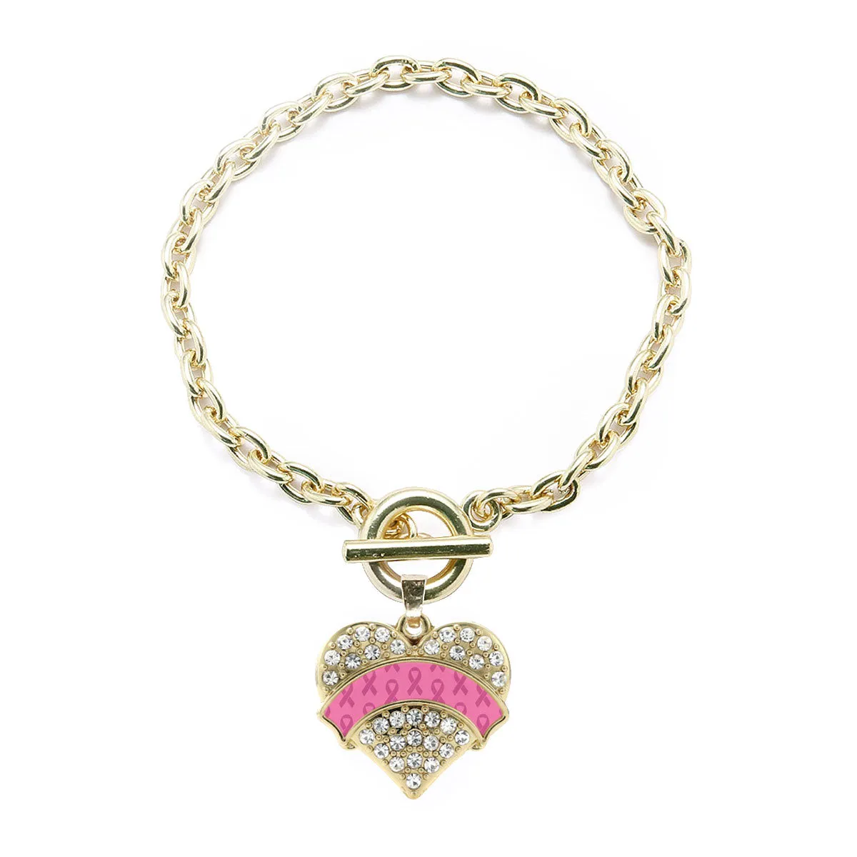 Gold Pink Ribbon Support Pave Heart Charm Toggle Bracelet