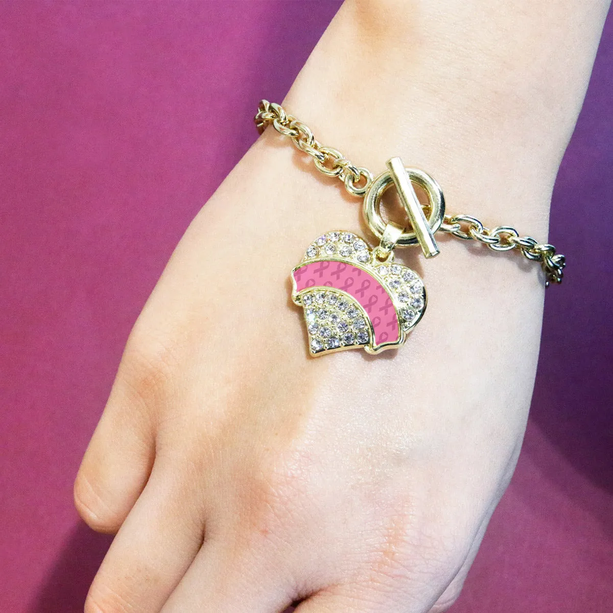 Gold Pink Ribbon Support Pave Heart Charm Toggle Bracelet