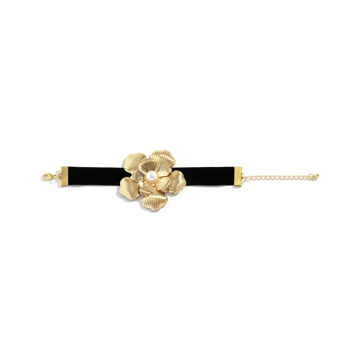 Innovative Rhinestone Choker Necklace with Pearl Denim Flower Detail