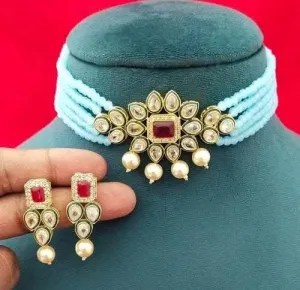 Kundan chokar sky blue necklace set