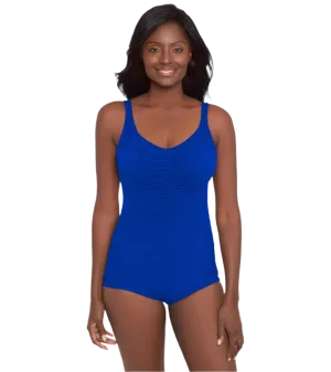 Penbrooke Krinkle Shirred Girl Leg Chlorine Resistant One Piece Swimsuit - Royal