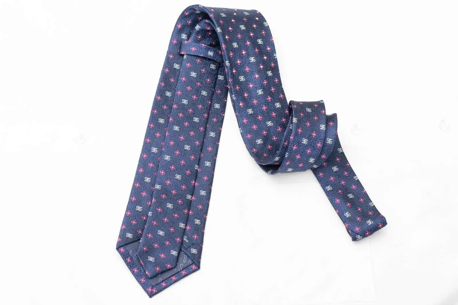 Pink Floral On Blue Silk Tie With Crystal AB Rhinestones