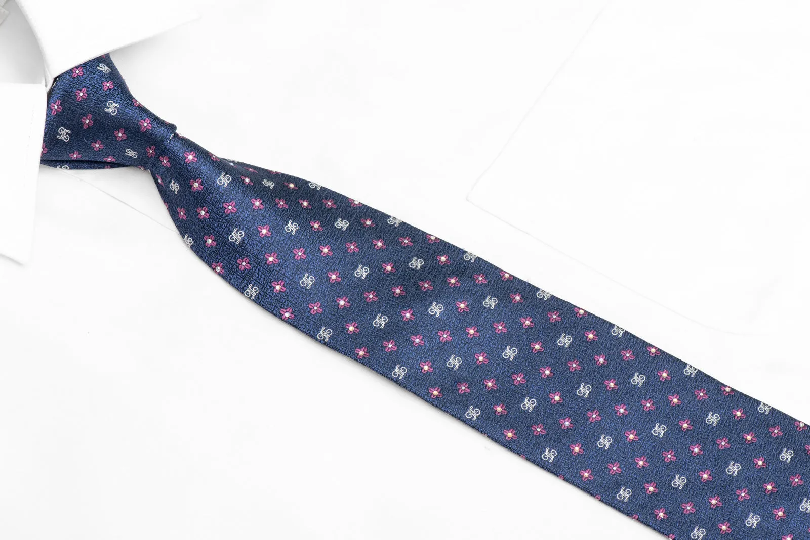 Pink Floral On Blue Silk Tie With Crystal AB Rhinestones
