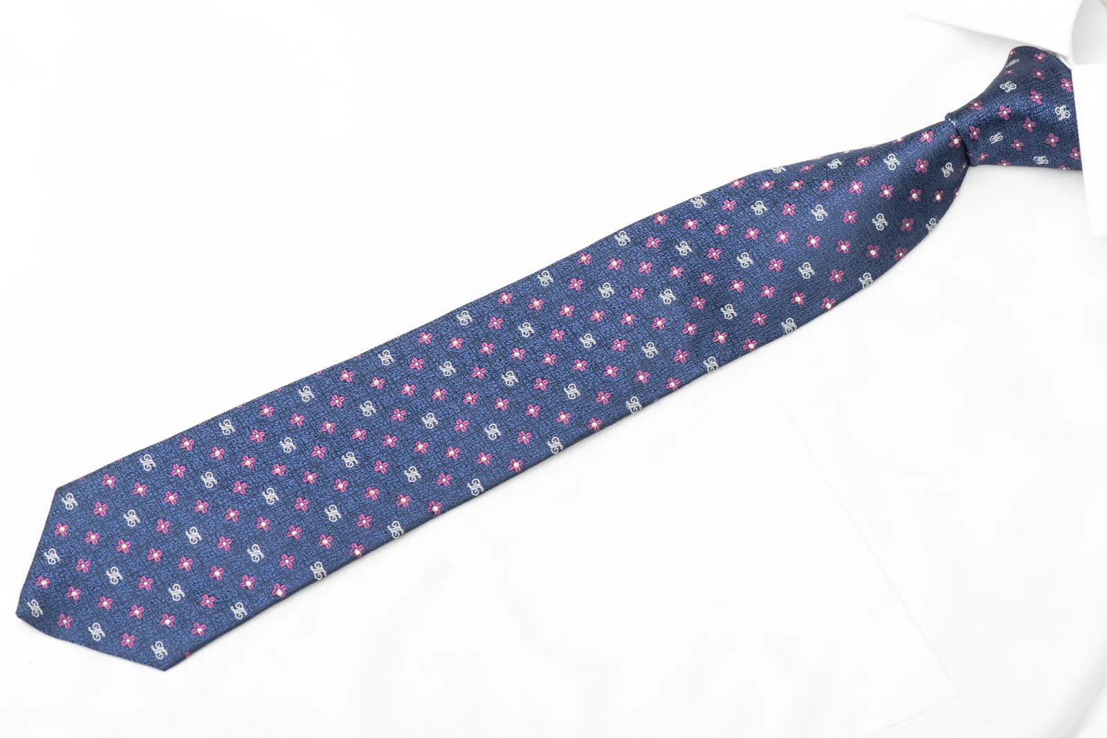 Pink Floral On Blue Silk Tie With Crystal AB Rhinestones