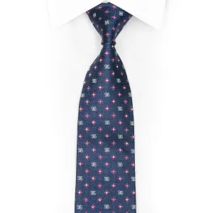 Pink Floral On Blue Silk Tie With Crystal AB Rhinestones
