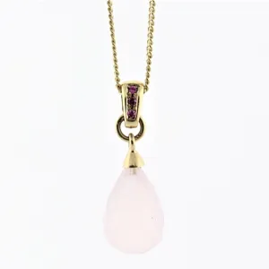 Pink Quartz and Pink Sapphire Pendant Necklace 14K Yellow Gold