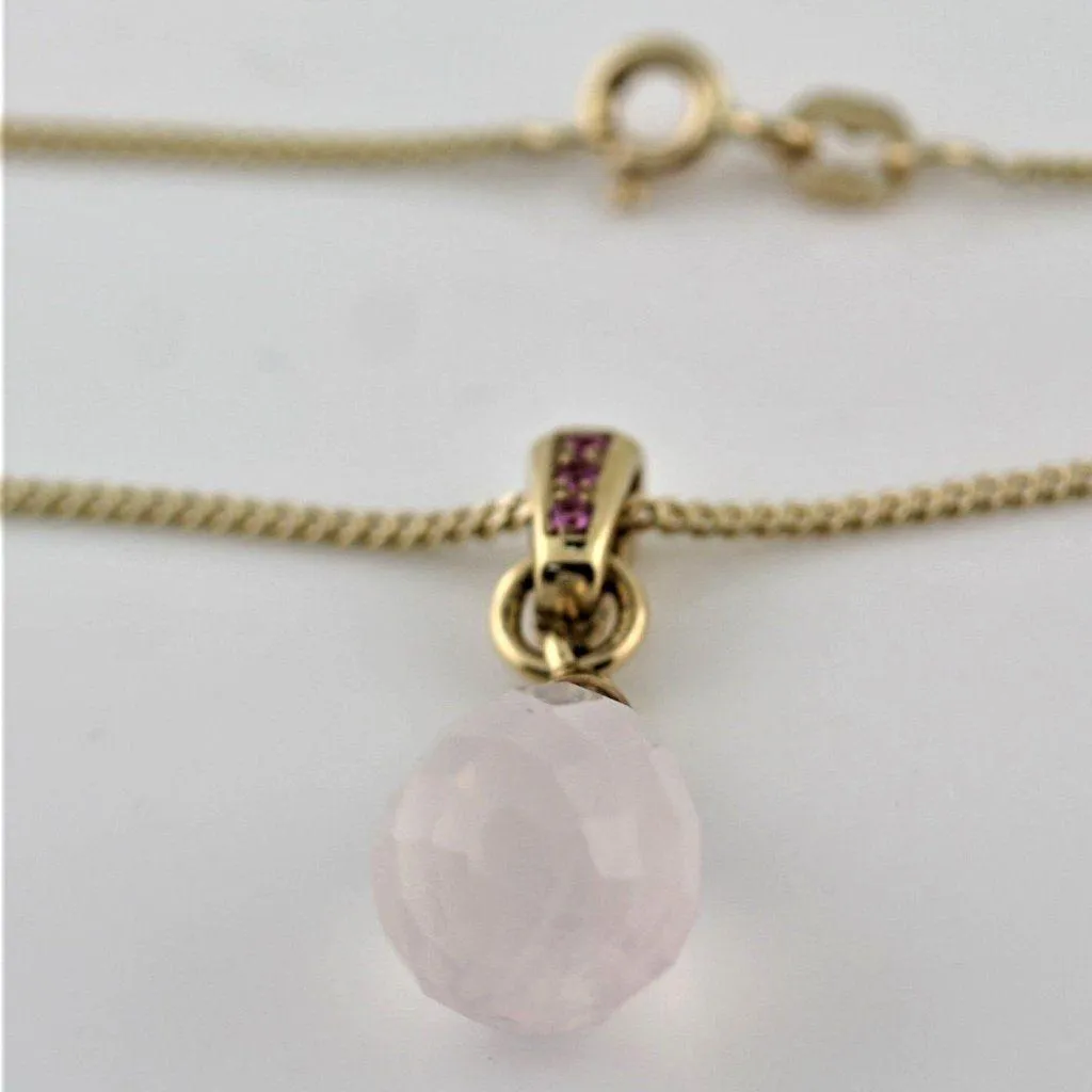 Pink Quartz and Pink Sapphire Pendant Necklace 14K Yellow Gold