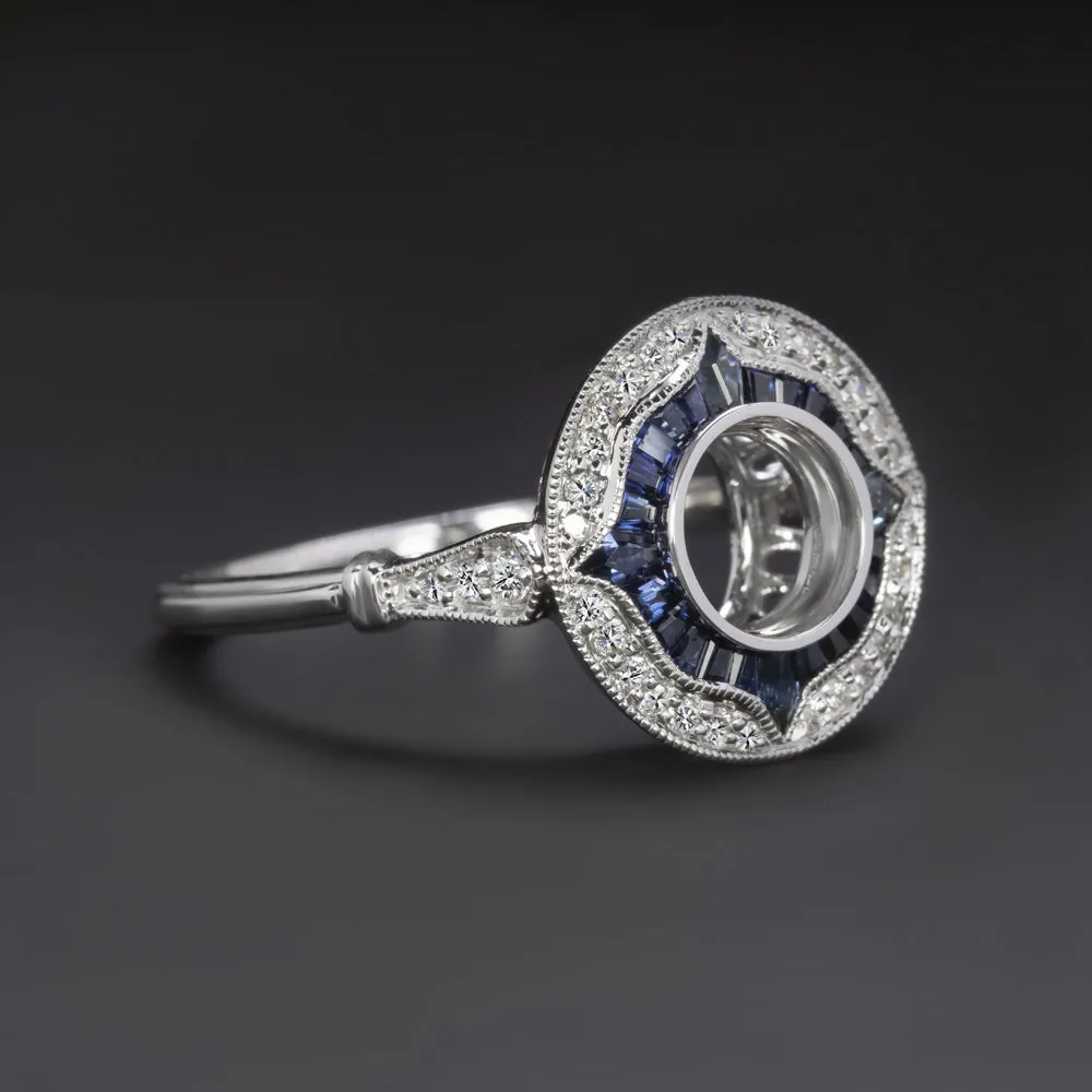 SAPPHIRE DIAMOND 6.5mm ROUND ENGAGEMENT RING SETTING VINTAGE STYLE HALO TARGET
