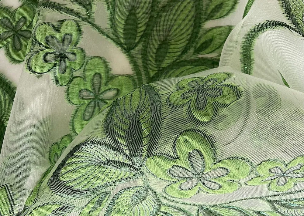Shimmering Fern & Pear Green Embroidered Foliage on Ivory Polyester Organza (Made in Italy)
