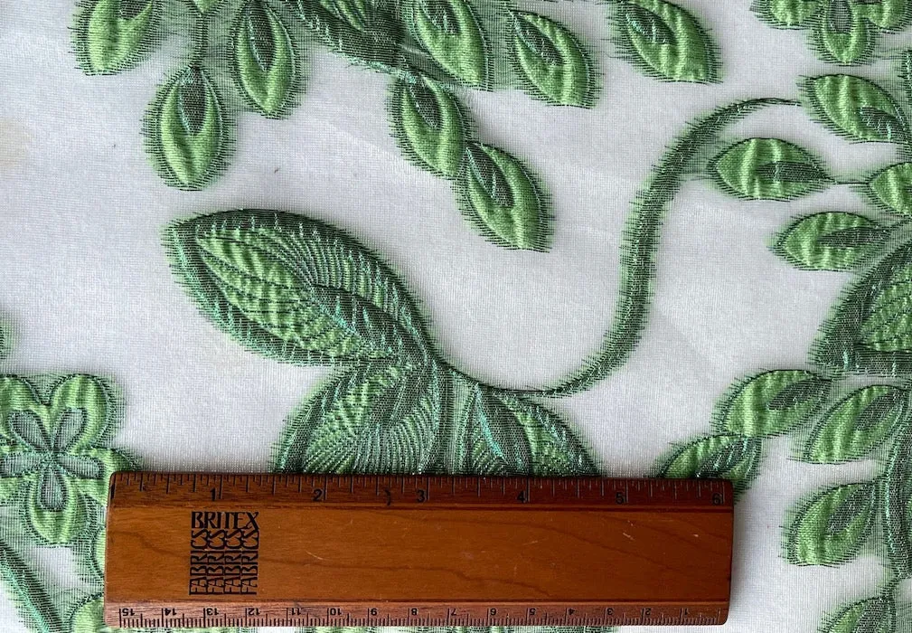 Shimmering Fern & Pear Green Embroidered Foliage on Ivory Polyester Organza (Made in Italy)