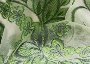 Shimmering Fern & Pear Green Embroidered Foliage on Ivory Polyester Organza (Made in Italy)